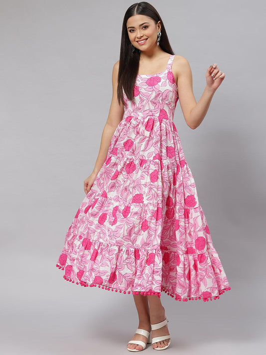 Zariveda white & Pink Floral Shoulder Strip Long Dress - Zariveda world