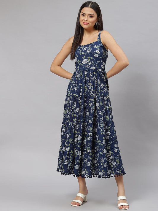 Zariveda Blue Floral Shoulder Strip Long Dress - Zariveda world