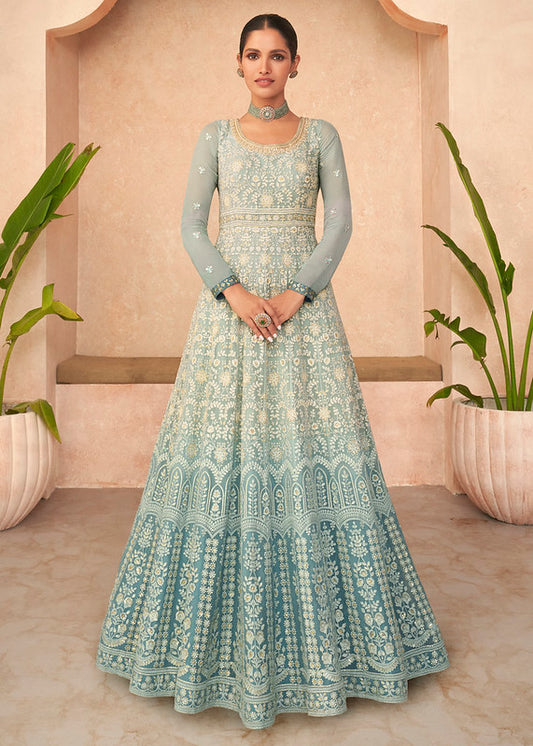 Zariveda Real Georgette Mint Blue Ethnic Gown
