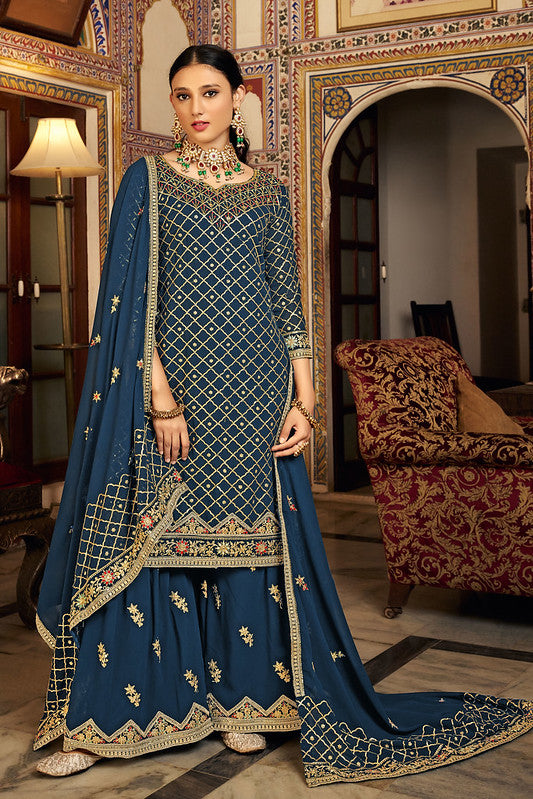 Zariveda Teak Blue Heavy Chinnon Silk Palazzo Set