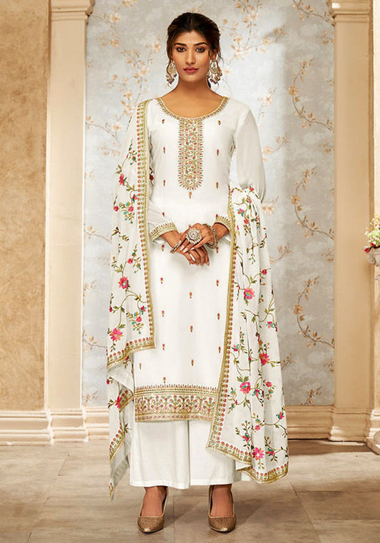 Zariveda: White Real Georgette Salwar Kameez with Heavy Santoon and Thread Embroidery Work