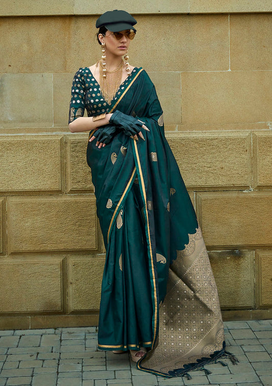 Luxurious Dark Green Satin Silk Saree with Jacquard Woven Design and Blouse