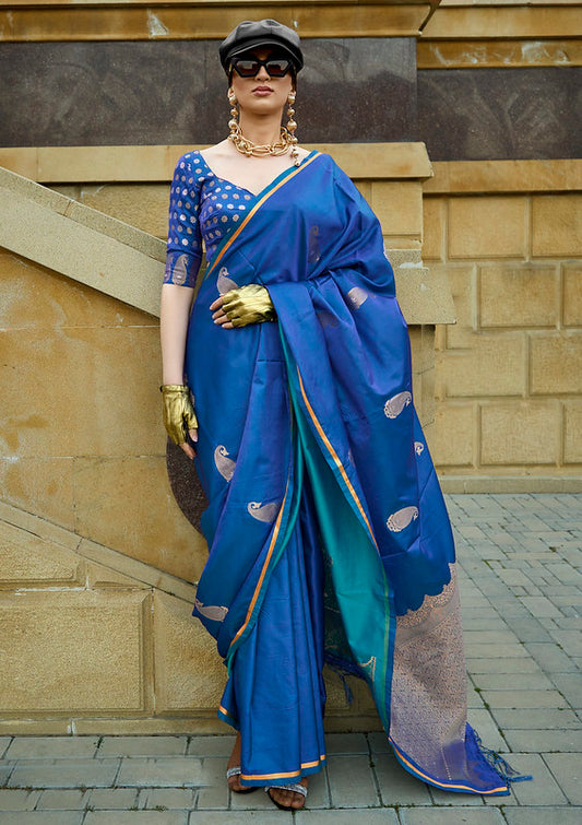 Stunning Ocean Blue Satin Silk Saree with Jacquard Woven Design and Blouse