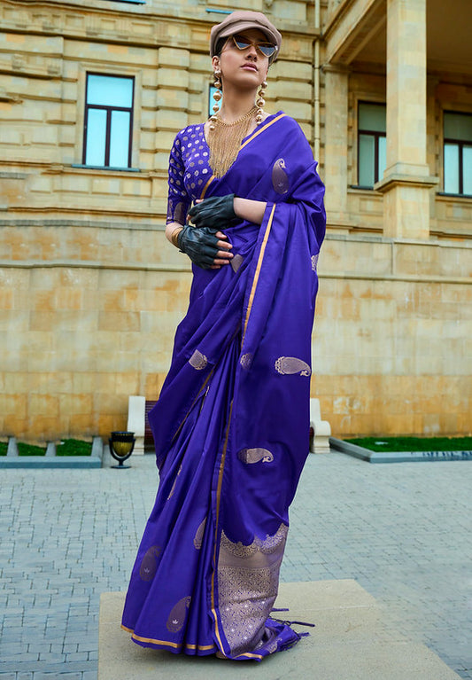 Elegant Blue Satin Silk Saree with Jacquard Woven Design and Blouse
