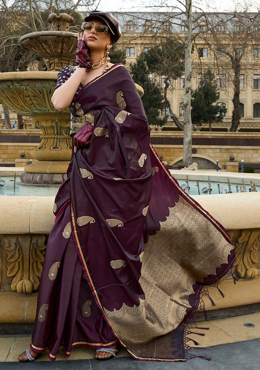 Exquisite Wine Satin Silk Saree with Jacquard Woven Design and Blouse