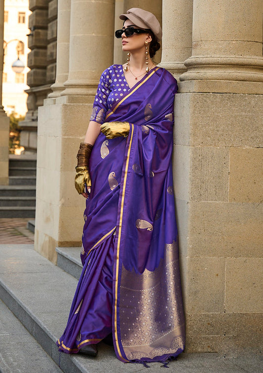 Majestic Royal Blue Satin Silk Saree with Jacquard Woven Design and Blouse