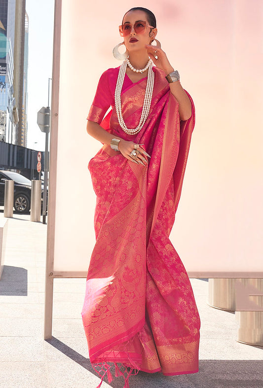 Radiant Rani Pink Handloom Silk Saree with Jacquard Woven Design and Blouse