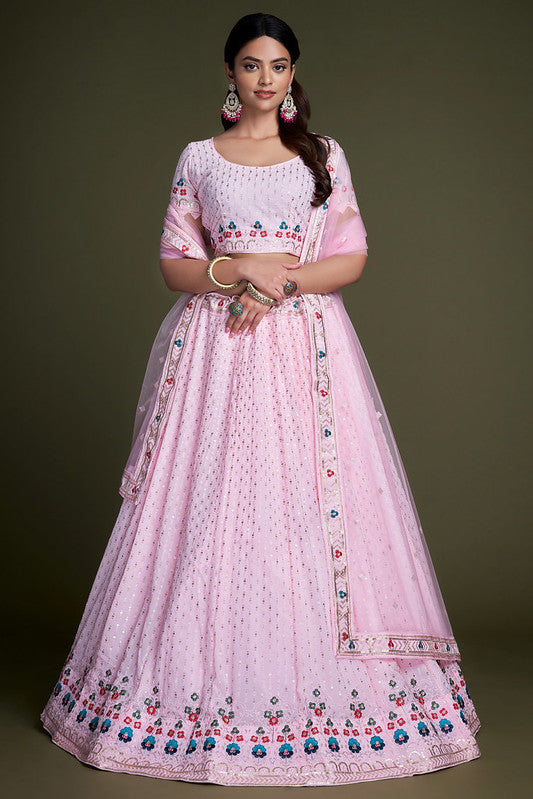 Zariveda: Opulent Pink Lehenga Choli with Heavy Thread Embroidery & Sequins Work