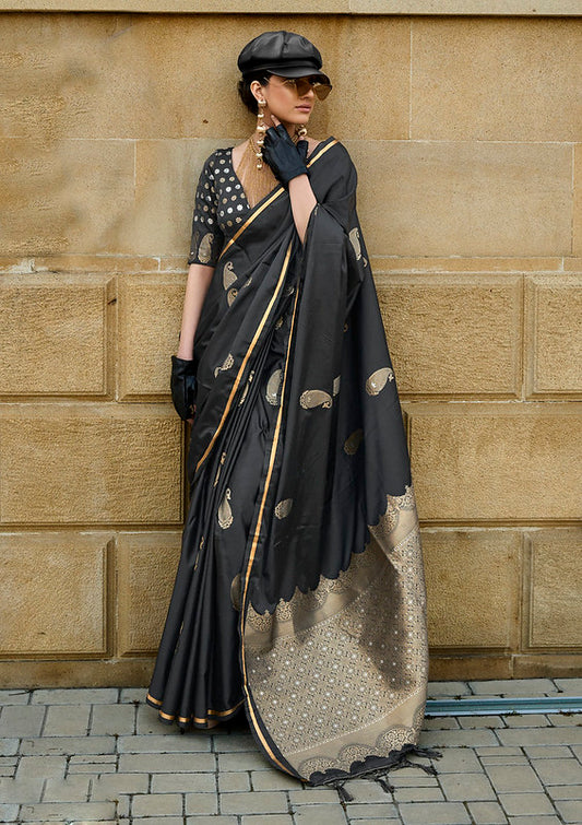 Classic Black Satin Silk Saree with Jacquard Woven Design and Blouse