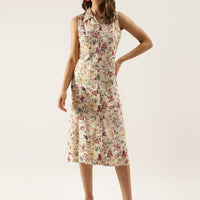 Cream Floral Printed Rayon Midi Dress with attached Sleeves