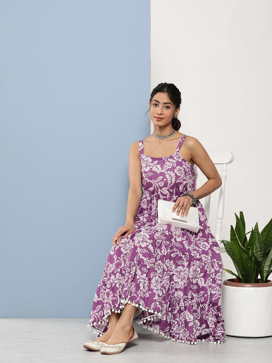 Zariveda Purple Floral Shoulder Strip Long Dress - Zariveda world