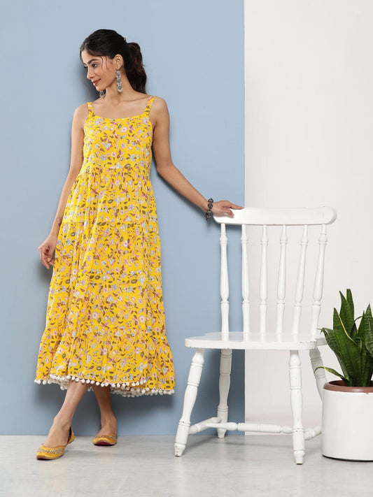 Zariveda Yellow Floral Shoulder Strip Long Dress - Zariveda world