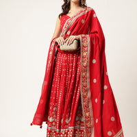 Ethnic Motifs Printed Maroon Lehenga & Blouse With Dupatta