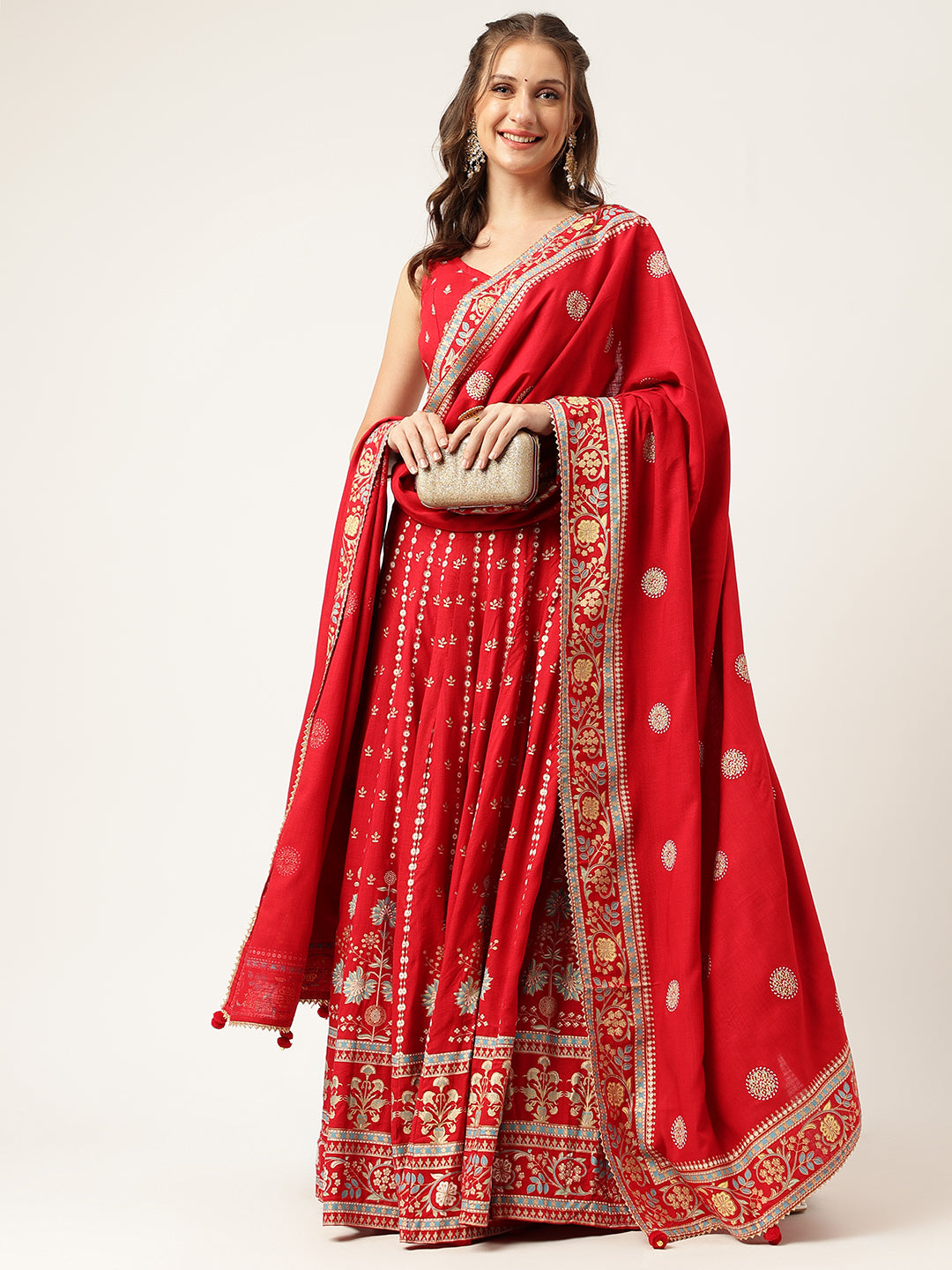 Ethnic Motifs Printed Maroon Lehenga & Blouse With Dupatta