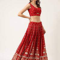 Ethnic Motifs Printed Maroon Lehenga & Blouse With Dupatta