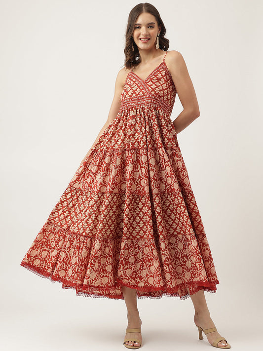 Zariveda Maroon Floral printed Cotton Tiered Dress with Smoking Back