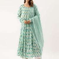 Green Handblock Floral Printed Cotton Kurta set with Dupatta