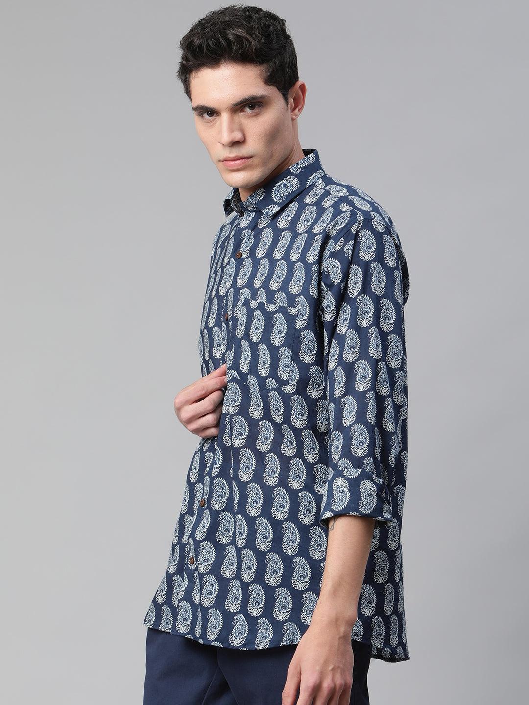 Millennial Men Indigo Blue  & White  Cotton  Full Sleeve  Shirt for Men-MMF0271 - Zarivedaworld.com