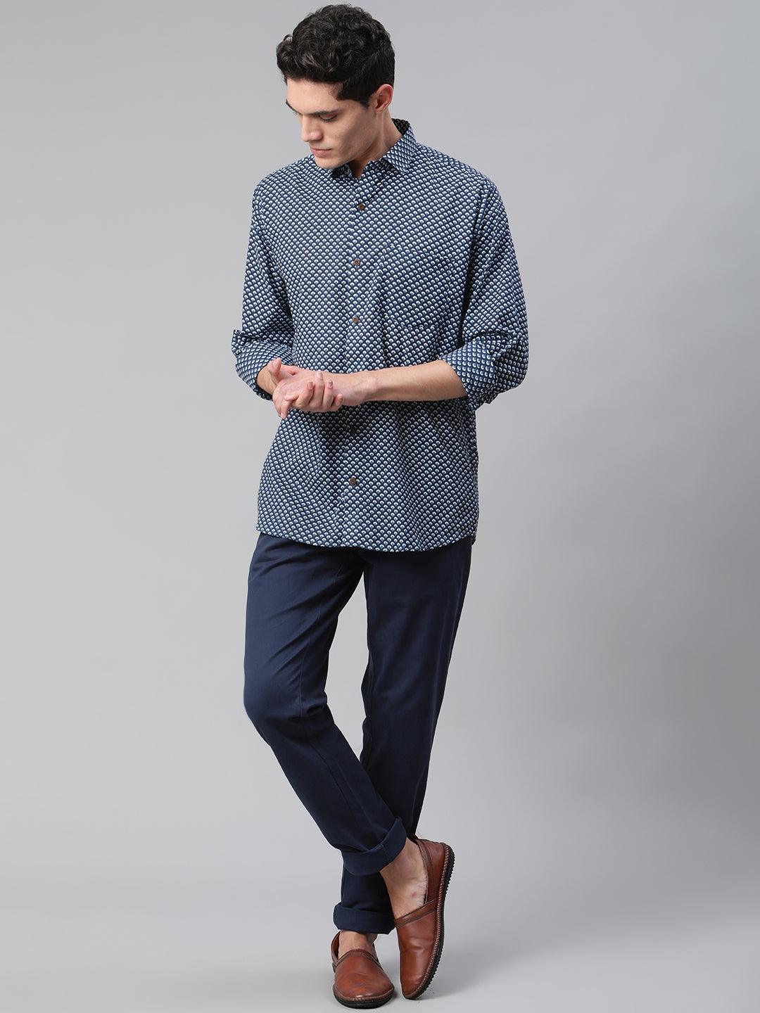 Millennial Men Indigo  Blue & White  Cotton  Full Sleeve  Shirt for Men-MMF0272 - Zarivedaworld.com