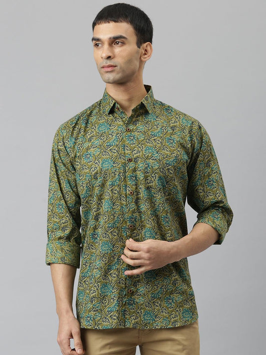 Millennial Men Mehendi & Green Cotton  Full Sleeve  Shirt for Men-MMF0278 - Zarivedaworld.com