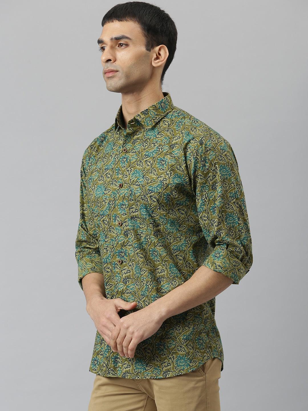 Millennial Men Mehendi & Green Cotton  Full Sleeve  Shirt for Men-MMF0278 - Zarivedaworld.com