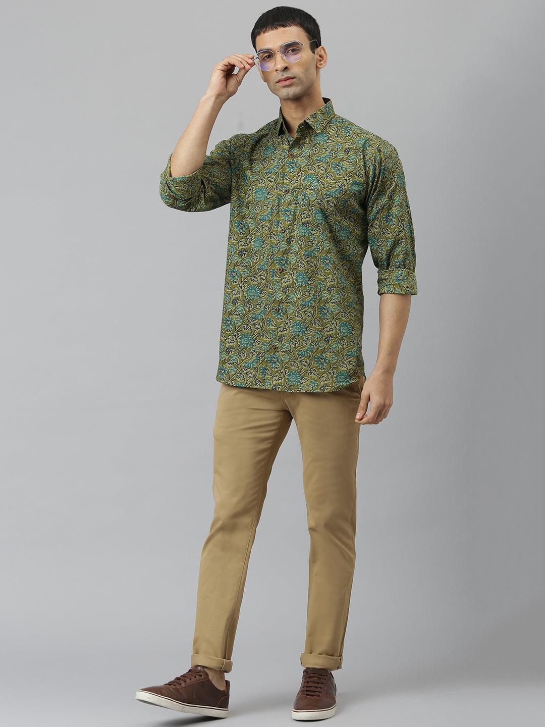 Millennial Men Mehendi & Green Cotton  Full Sleeve  Shirt for Men-MMF0278 - Zarivedaworld.com