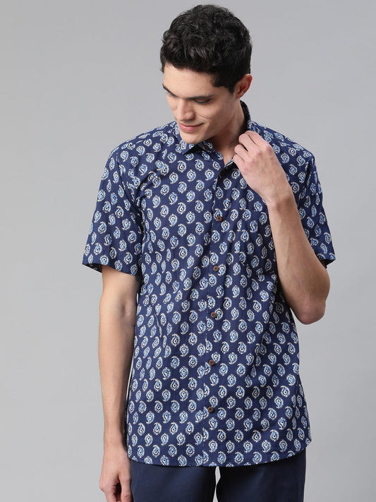 Millennial Men Indigo Blue & White  Cotton  Half Sleeve Shirt for Men-MMH0165 - Zarivedaworld.com