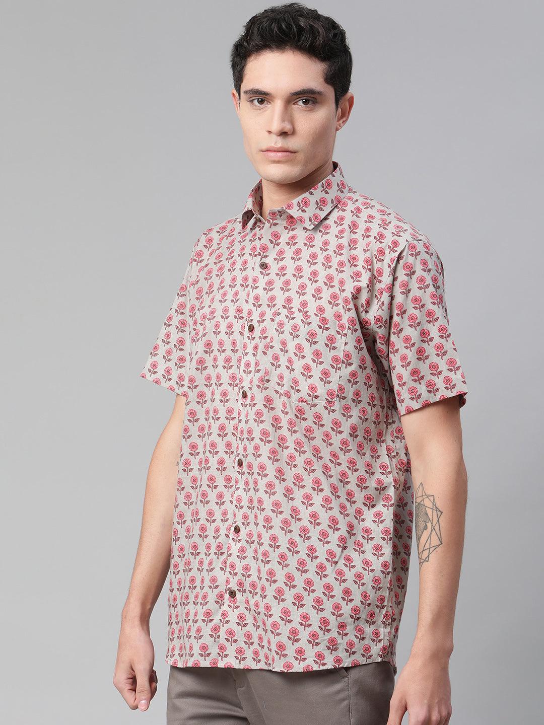 Millennial Men Grey & Pink Cotton  Half Sleeve Shirt for Men-MMH0174 - Zarivedaworld.com