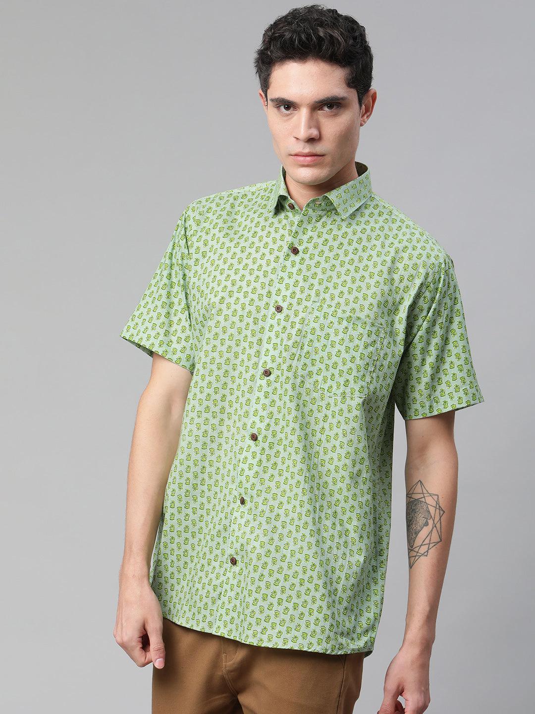 Millennial Men Light Green  & Parrot Green Cotton  Half Sleeve Shirt for Men-MMH0188 - Zarivedaworld.com